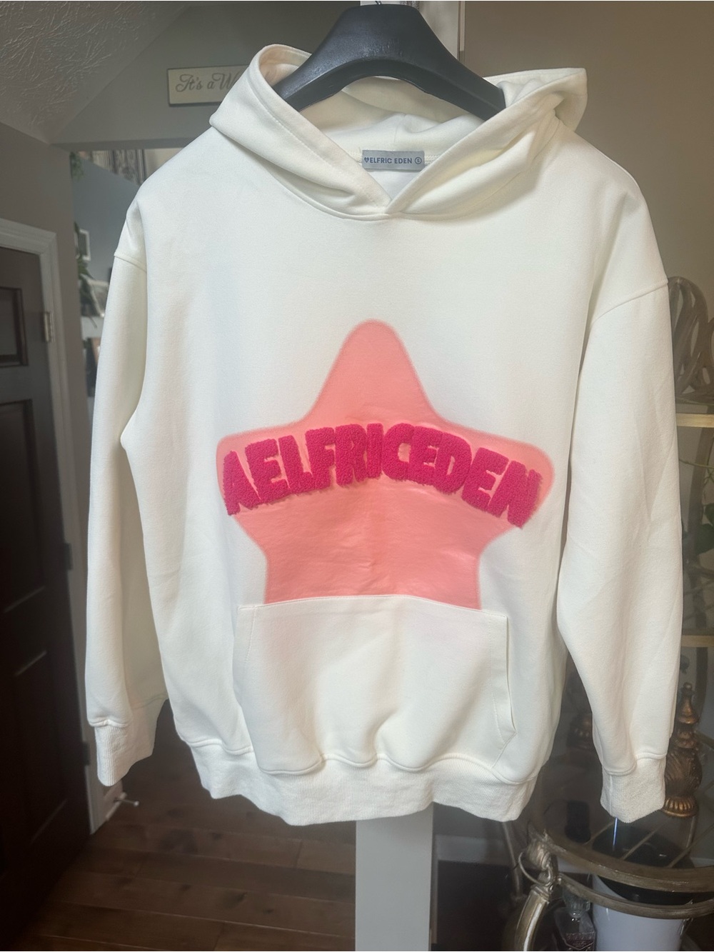 Aelfric Eden White Hoodie with Pink Star and Magenta Logo